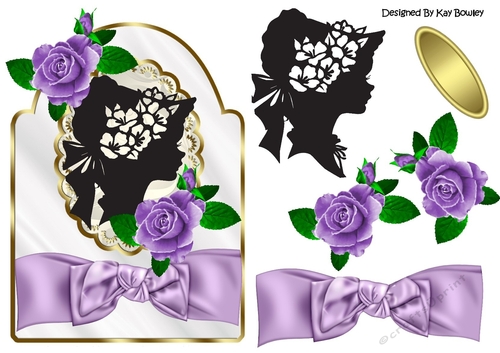 Silhouette lady with purple roses and pretty bow