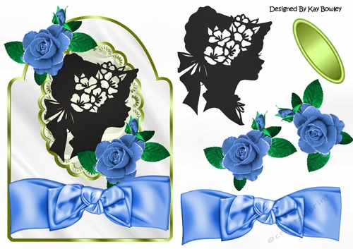 Silhouette lady with blue roses and pretty bow