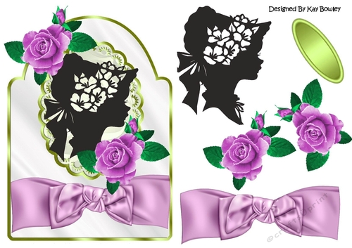 Silhouette lady with lilac roses and pretty bow