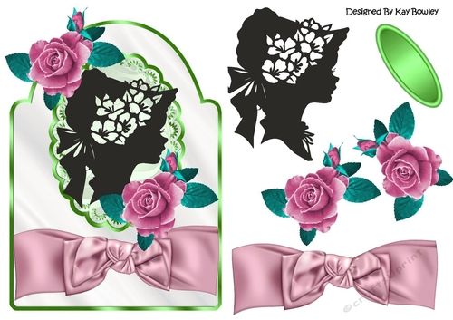 Silhouette lady with rose pink roses and pretty bow