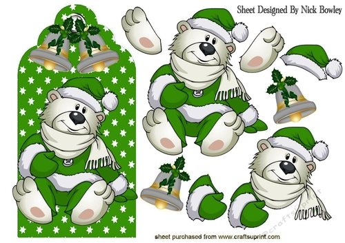 polar bear on green star tag with bells