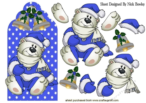 polar bear on blue star tag with bells