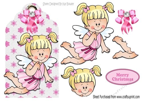 cute little angel on  pink snowflake tag with bow