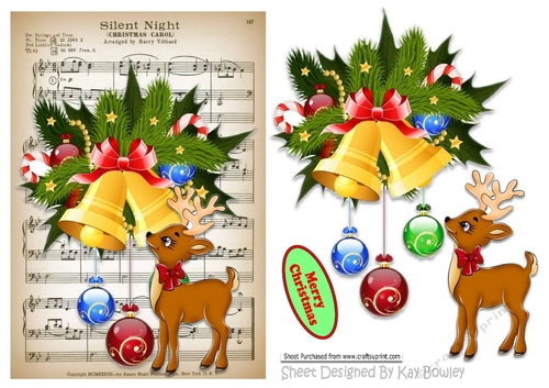 silent night music sheet with bells and little deer