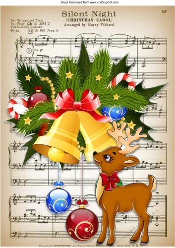 silent night music sheet with bells and little deer A4