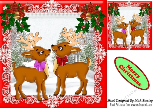 Cute pair of deers with holly in snow scene 8x8