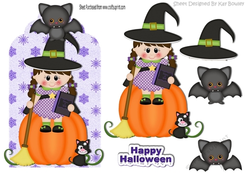 cute witch with her black cat sat on a pumpkin