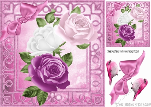 Pretty painted roses with birds and satin bow 8x8