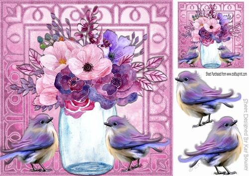 painted roses in clear vase with little birds 8x8