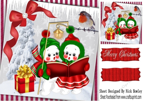 christmas snowmen carol singers with robin 8x8