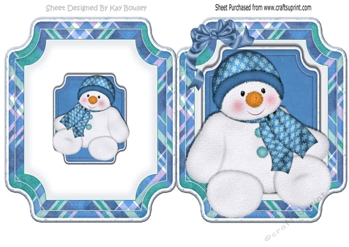 Snowman in blue hat and scarf folded quick card