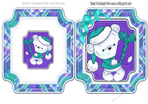 Cute little white bear  in santa hat with purple present folded quick card