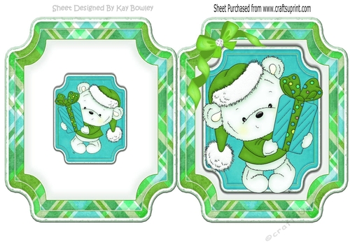 Cute little white bear  in santa hat with turq  present folded quick card
