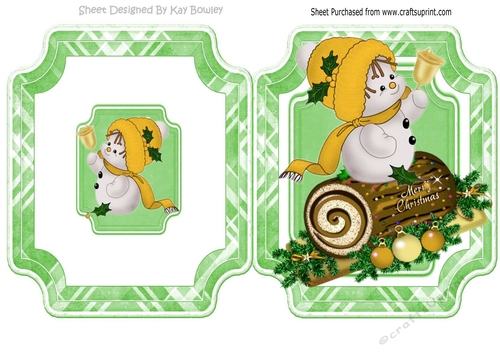 Christmas log with holly and cute snowman in gold folded card