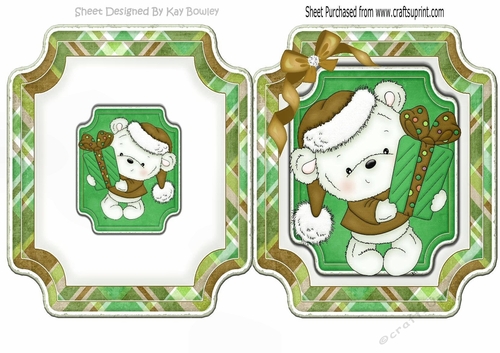 Cute little white bear  in santa hat with green present folded quick card