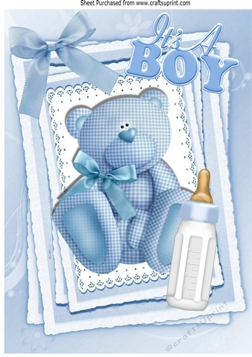 Cute little blue gingham bear with bow on lace stacker, A4  