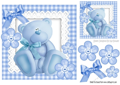 Bow, Buttons and a  lovely blue gingham teddy bear 8x8