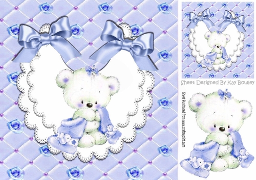 Cute little baby bear on lace bib with blue bows 8x8