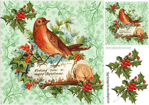Pretty vintage robin with holly 8x8