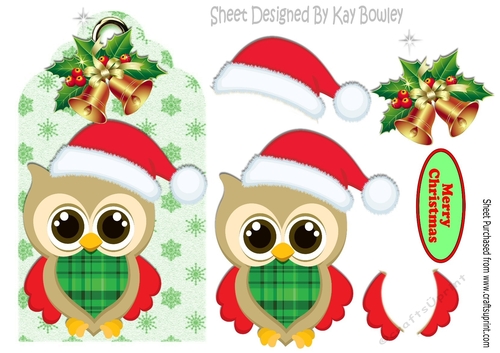 cute owl in santa hat on a snowflake tag with bells