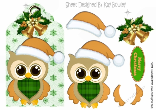 cute owl in gold santa hat on a snowflake tag with bells