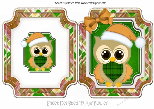 christmas owl in gold santa hat on folded card with bow