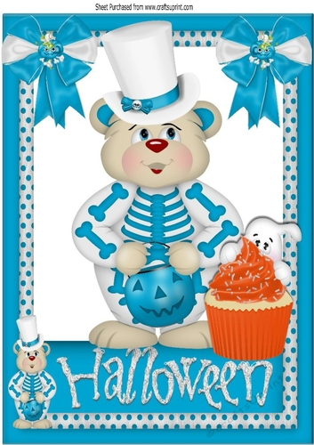 Halloween Skeleton bear with pumpkin and ghost A4