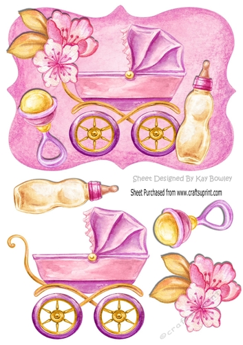 painted baby girls pram with bottle and rattle A5