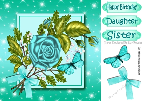 pretty turq rose with bow and butterfly 8x8