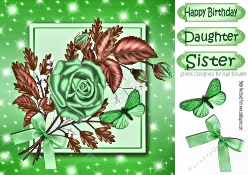 pretty green rose with bow and butterfly 8x8