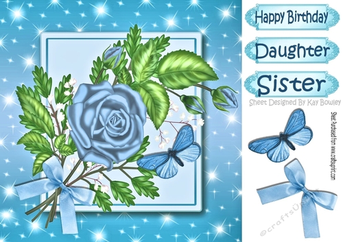 pretty blue rose with bow and butterfly 8x8