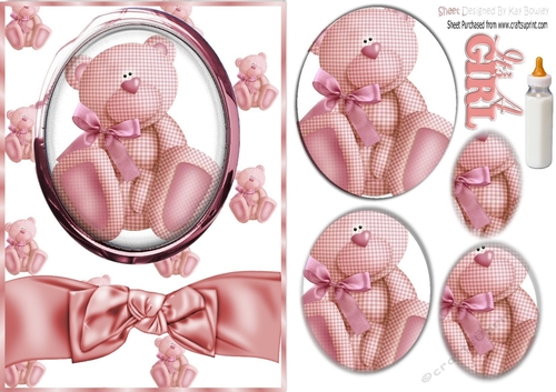 Cute pink gingham teddy bear with bow oval pyramids 