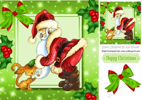 santa with cute kitty holly and bow 8x8