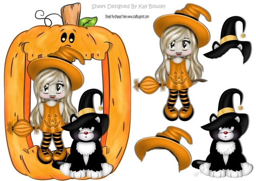 Little witch with her little black cat in pumpkin frame A5