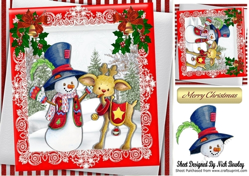 Snowman with little reindeer in snow scene 8x8