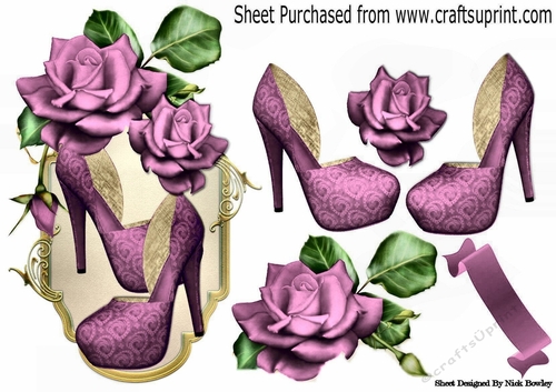 pretty lilac rose with lady shoes on a ornate plaque