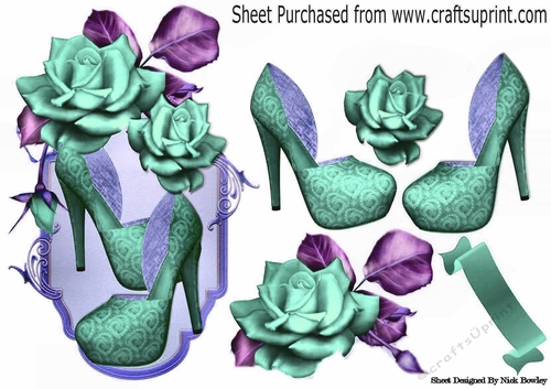 pretty fantasy turq rose with lady shoes on a ornate plaque