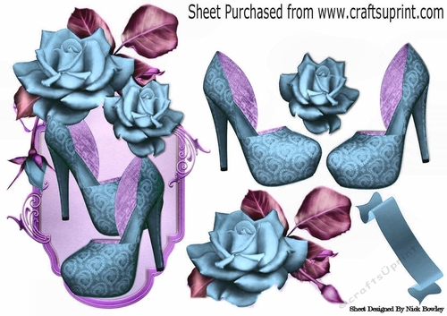 pretty fantasy blue rose with lady shoes on a ornate plaque