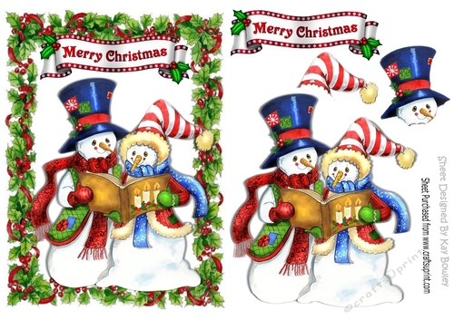 carol singing snowmen in holly frame with banner
