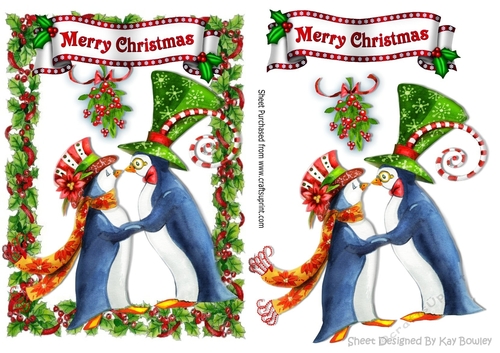 Mr & Mrs Penguins in holly frame with banner