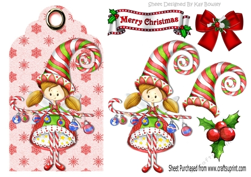 Little faerie elf with candy cane on a tag
