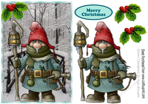 Gnome on a brige with snow and holly A5