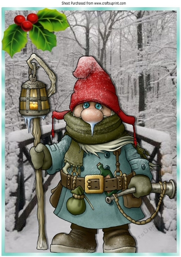 Gnome on a brige with snow and holly A4