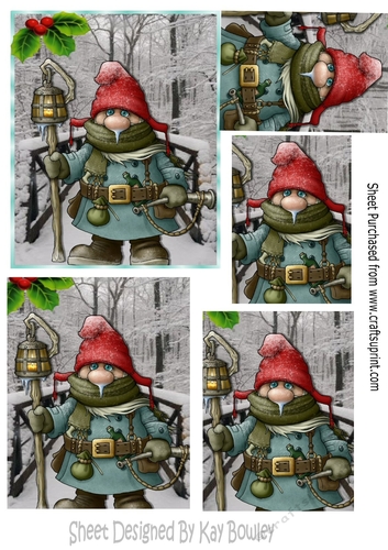 Gnome on a brige with snow and holly pyramids