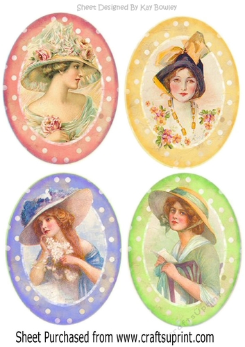Pretty oval polkadot toppers with  vintage ladies in hats