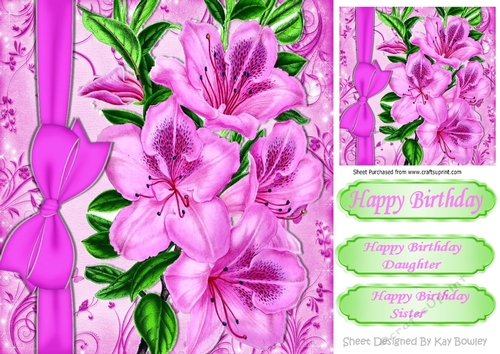 Pretty cerise flowers with border bow 8x8