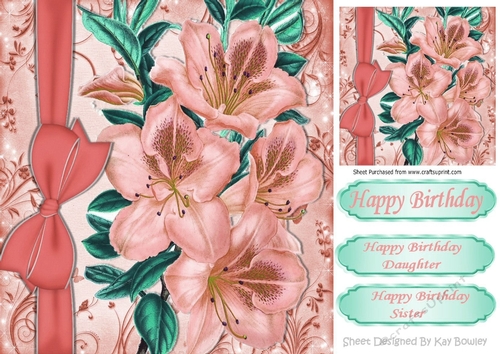 Pretty peach flowers with border bow 8x8
