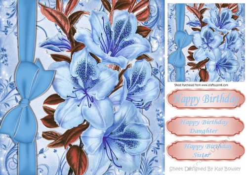 Pretty blue flowers with border bow 8x8