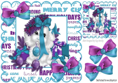 Cute Christmas Puppy with purple baubles,  pink bows and presents 8x8