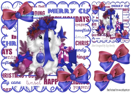 Cute Christmas Puppy with blue baubles, & bows and presents 8x8